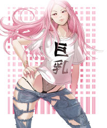 Rule 34 | 00s, 1girl, anemone (eureka seven), blonde hair, bracelet, clothes writing, denim, earrings, eureka seven, eureka seven (series), g-string, hair ornament, hairclip, hand on own hip, hip focus, jeans, jewelry, long hair, panties, pants, pink hair, red eyes, shirt, solo, swimsuit, swimsuit under clothes, t-shirt, tanupo, thong, torn clothes, torn jeans, torn pants, translated, underwear