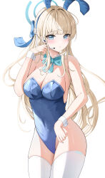 Rule 34 | 1girl, absurdres, animal ears, bare shoulders, blonde hair, blue archive, blue eyes, blue leotard, bow, bowtie, braid, breasts, cleavage, detached collar, earpiece, fake animal ears, halo, highres, large breasts, leotard, long hair, looking at viewer, multicolored hair, official alternate costume, playboy bunny, rabbit ears, solo, strapless, strapless leotard, streaked hair, thighhighs, toki (blue archive), toki (bunny) (blue archive), very long hair, white background, white thighhighs, wrist cuffs, yeni1871