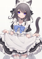 Rule 34 | 1girl, absurdres, animal ears, apron, black dress, black hair, blue eyes, breasts, cat ears, cat girl, cat tail, clothes lift, dress, dress lift, fang, fang out, frilled dress, frills, garter straps, highres, hinata (user rjkt4745), maid, maid apron, maid headdress, medium hair, original, skirt hold, smile, tail, thighhighs, white thighhighs