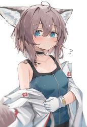 Rule 34 | 1girl, ahoge, animal ear fluff, animal ears, arknights, armpit crease, bare shoulders, black choker, blue eyes, blue shirt, blush, camisole, choker, cloak, closed mouth, coat, collarbone, cross, embarrassed, fox ears, fox girl, fox tail, gloves, grey hair, hair between eyes, highres, hood, hooded jacket, jacket, jacket partially removed, looking at viewer, material growth, medic, open cloak, open clothes, oripathy lesion (arknights), red cross, shirt, short hair, simple background, solo, sussurro (arknights), sweat, tail, white background, white coat, white gloves, yuukun mk-ii