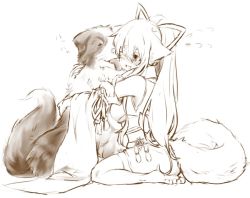 Rule 34 | 1girl, animal ears, breasts, dog, fox ears, fox tail, full body, hair between eyes, head tilt, large breasts, licking another&#039;s face, monochrome, original, sakura inu, simple background, sitting, smile, tagme, tail, thick eyebrows, thighhighs, white background