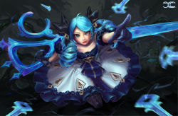 Rule 34 | 1girl, absurdres, blue eyes, blue hair, close-up, drill hair, gloves, gwen (league of legends), highres, league of legends, lipstick, long hair, looking to the side, makeup, matching hair/eyes, open mouth, ribbon, scissors
