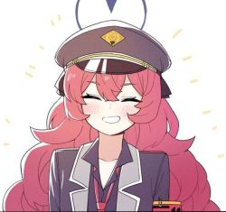 Rule 34 | 1girl, armband, billbung, black shirt, blue archive, blush, collarbone, closed eyes, grin, halo, hat, iroha (blue archive), jacket, korean commentary, military, military hat, military uniform, necktie, red hair, red necktie, safety pin, shirt, simple background, smile, solo, uniform
