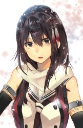 Rule 34 | 10s, 1girl, alternate hairstyle, black eyes, black hair, black neckerchief, breasts, buttons, commentary request, elbow gloves, gloves, hair between eyes, hair down, hair ornament, kantai collection, long hair, looking at viewer, neckerchief, open mouth, rinto (rint rnt), scarf, school uniform, sendai (kancolle), sendai kai ni (kancolle), sleeveless, solo, upper body, white scarf