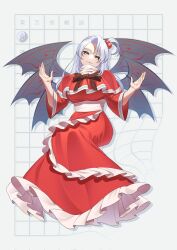 Rule 34 | 1girl, bow, capelet, dress, frilled capelet, frilled dress, frills, grey eyes, grid background, guumin, hair bobbles, hair ornament, highres, long hair, long sleeves, multiple wings, mystic square, red capelet, red dress, ribbon, shinki (touhou), smile, solo, touhou, touhou (pc-98), turtleneck, warped, white hair, wide sleeves, wings