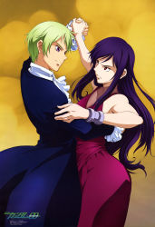 Rule 34 | 00s, 2boys, absurdres, androgynous, bare shoulders, dancing, dress, eye contact, frown, green hair, gundam, gundam 00, hand on another&#039;s back, hand on another&#039;s shoulder, highres, holding hands, innovators (gundam 00), long hair, looking at another, male focus, multiple boys, purple eyes, purple hair, red eyes, ribbons almark, scan, short hair, simple background, tieria erde, trap, yellow background