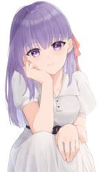 Rule 34 | 1girl, black ribbon, closed mouth, collarbone, dress, fate/stay night, fate (series), hair between eyes, hair ribbon, hand on own knee, head rest, highres, long hair, looking at viewer, matou sakura, mizuki (s0511), official alternate costume, purple eyes, purple hair, red ribbon, rei no himo, ribbon, short sleeves, simple background, sitting, smile, sundress, white background, white dress