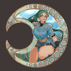 Rule 34 | 1girl, absurdres, blue dress, blue sky, breasts, dress, earrings, fingerless gloves, fire emblem, fire emblem: the blazing blade, gloves, grass, green eyes, green hair, highres, iaurencin, jewelry, large breasts, long hair, looking up, lyn (fire emblem), nintendo, ponytail, rope belt, sky, smile, thick thighs, thighs, very long hair