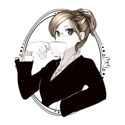 Rule 34 | 1girl, blonde hair, business suit, colored skin, cup, dress shirt, drinking, formal, framed, glasses, green eyes, hair bun, highres, holding, holding cup, looking at viewer, monochrome, original, poaro, rimless eyewear, round image, shirt, single hair bun, solo, spot color, suit, teacup, white background, white skin