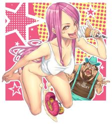 Rule 34 | 1boy, 1girl, 2016, alsea, bare arms, bare legs, bare shoulders, barefoot, beard, bottomless, breasts, cleavage, covered erect nipples, facial hair, feet, food, hair between eyes, ice cream, ice cream cone, jewelry bonney, kneeling, large breasts, legs, lips, lipstick, long hair, looking at viewer, makeup, no panties, one piece, open mouth, orange eyes, overalls, piercing, pink eyes, pink hair, see-through, shirt, shrugging, simple background, sleeveless, star (symbol), suspenders, tank top, thighs, toes, tongue, tongue out, underwear, white shirt