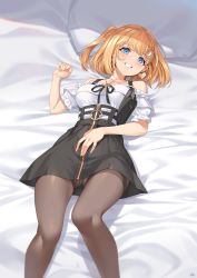 Rule 34 | 1girl, absurdres, ass, bare shoulders, bed sheet, black skirt, blonde hair, blue eyes, blunt bangs, blush, brown pantyhose, frilled shirt, frills, grin, hair ornament, hand on own stomach, heart, heart-shaped pupils, high-waist skirt, highres, hololive, hololive english, jewelry, key, key necklace, looking at viewer, lying, miniskirt, mk (lazymk), nail polish, necklace, off-shoulder shirt, off shoulder, official alternate costume, on back, panties, panties under pantyhose, pantyhose, pillow, puffy short sleeves, puffy sleeves, shirt, short hair, short sleeves, skirt, smile, solo, symbol-shaped pupils, thighband pantyhose, underwear, upskirt, virtual youtuber, watson amelia, watson amelia (street casual), white panties, white shirt, yellow nails, zipper, zipper pull tab