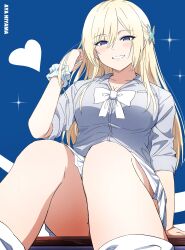 Rule 34 | 1girl, absurdres, arm support, blonde hair, blue background, blush, breasts, character name, feet out of frame, fingernails, grey shirt, gyaru, heart, highres, kogal, large breasts, looking at viewer, misaki nonaka, nail polish, open collar, original, school uniform, scrunchie, shirt, sitting, skirt, smile, solo, sparkle, white skirt, wrist scrunchie