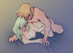 Rule 34 | 1boy, 1girl, all fours, blonde hair, blurry, blush, boy on top, breasts, byleth (female) (fire emblem), byleth (fire emblem), closed eyes, closed mouth, depth of field, dimitri alexandre blaiddyd, doggystyle, fire emblem, fire emblem: three houses, gradient background, green hair, grey background, hand on another&#039;s arm, hand on another&#039;s hand, hetero, kukumomo, large breasts, medium hair, muscular, nintendo, nipples, nude, open mouth, scar, sex, sex from behind, simple background, sweat