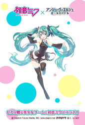 Rule 34 | 1girl, ange vierge, aqua eyes, artist request, black thighhighs, boots, breasts, character name, copyright name, fingernails, full body, green hair, hair ornament, hatsune miku, headset, highres, logo, long hair, looking at viewer, medium breasts, nail polish, necktie, official art, open mouth, pleated skirt, polka dot, polka dot background, simple background, skirt, sleeveless, smile, solo, thigh boots, thighhighs, twintails, very long hair, vocaloid, zettai ryouiki