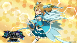 Rule 34 | 1girl, animal ears, belt, blue dress, blue wings, brown hair, dagger, detached sleeves, dress, fingerless gloves, gloves, hair between eyes, hair ornament, highres, holding, holding dagger, holding knife, holding weapon, knife, layered skirt, medium hair, official alternate costume, official art, official wallpaper, open mouth, orange background, red eyes, short twintails, silica, skirt, solo, sword art online, sword art online: alicization lycoris, tail, tiara, twintails, video game, weapon, white legwear, wings