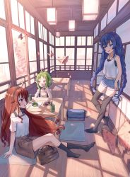 Rule 34 | 3girls, absurdres, ahoge, alternate costume, bare shoulders, black hair, black hairband, black legwear, blue eyes, blue hair, blurry, blurry background, blurry foreground, blush, braid, brown skirt, bug, butterfly, casual, chabudai (table), cherry blossoms, commentary, cup, dango, day, denim, denim shorts, eris greyrat, food, green hair, hairband, highres, indoors, insect, long hair, multiple girls, mushoku tensei, no shoes, off-shoulder shirt, off shoulder, open mouth, open window, pointy ears, ray peng, red eyes, red hair, roxy migurdia, shirt, short hair, short sleeves, shorts, sitting, skirt, sliding doors, smile, socks, standing, sylphiette (mushoku tensei), table, tank top, teacup, thighhighs, twin braids, very long hair, wagashi, white shirt, white tank top, window