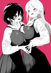 Rule 34 | 2girls, absurdres, asymmetrical docking, blush, breast press, breasts, commentary request, greyscale, greyscale with colored background, highres, large breasts, long hair, long sleeves, looking at another, monochrome, multiple girls, open mouth, original, red background, sailor collar, school uniform, shiratama mochi, short hair, sweat, yuri