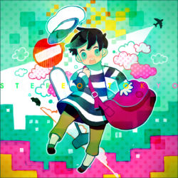 Rule 34 | 1boy, aircraft, airplane, bag, blouse, capri pants, character request, cloud, full body, group name, hat, male focus, pants, pop&#039;n music, road sign, shirt, shoulder bag, sign, smoke, solo, striped clothes, striped shirt, surprised, utacoco, white hat