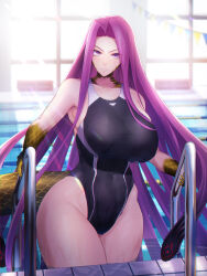 Rule 34 | 1girl, bare shoulders, black one-piece swimsuit, breasts, collarbone, competition swimsuit, curvy, fate/grand order, fate (series), forehead, gorgon (fate), highleg, highleg swimsuit, highres, huge breasts, long hair, looking at viewer, medusa (fate), medusa (rider) (fate), minami koyogi, one-piece swimsuit, parted bangs, pool, poolside, purple eyes, purple hair, rider, sidelocks, snake hair, solo, square pupils, swimsuit, thighs, very long hair