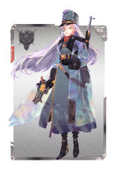 Rule 34 | 1girl, arknights, belt, belt buckle, black footwear, black gloves, boots, buckle, character request, cigarette, coat, collar, fj wu cheng&#039;en, full body, gloves, grey background, grey coat, grey hat, gun, hair between eyes, handgun, hat, headwear request, highres, holding, holding cigarette, holding gun, holding weapon, lips, lipstick, long hair, looking away, makeup, military, military hat, military uniform, monocle, pistol, red lips, red scarf, revolver, rifle, scarf, silver hair, simple background, solo, standing, striped clothes, striped scarf, uniform, weapon, weapon on back