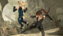 Rule 34 | 2girls, 3d, battle, blonde hair, brown hair, city, dead or alive, dead or alive 5, destruction, female focus, highres, kasumi (doa), marie rose, multiple girls, official art, official wallpaper, ponytail, smoke, tagme, tecmo