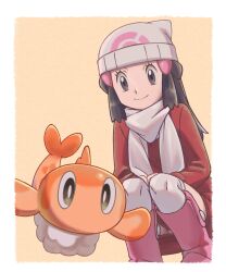 Rule 34 | 1girl, beanie, black hair, boots, border, closed mouth, coat, commentary request, creatures (company), dawn (pokemon), eyelashes, game freak, grey eyes, hair ornament, hairclip, hat, highres, long hair, long sleeves, looking down, nintendo, over-kneehighs, pink footwear, pokemon, pokemon (creature), pokemon dppt, pokemon platinum, red coat, sawa (soranosawa), scarf, sidelocks, smile, squatting, tatsugiri, thighhighs, white border, white headwear, white scarf, yellow background