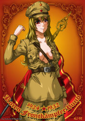 Rule 34 | 1girl, artist name, between breasts, blonde hair, breasts, cleavage, clenched hand, female focus, flag, german text, guard, hat, himeshima koukichi, large breasts, long hair, no bra, open clothes, open shirt, original, ranguage, red eyes, rotfrontkampferbund, shirt, signature, solo, strap between breasts, text focus, translated, uniform