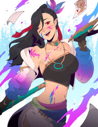 Rule 34 | 1girl, artist name, bandeau, black hair, breasts, choker, commentary, cropped jacket, earrings, elezen, elf, english commentary, final fantasy, final fantasy xiv, hair between eyes, highres, hilda ware, holding, holding paintbrush, holding palette, hyur, jacket, jewelry, koyorin, large breasts, looking at viewer, midriff, navel, necklace, one eye closed, open clothes, open jacket, open mouth, paint on body, paint on clothes, paint splatter, paint splatter on face, paintbrush, palette (object), pictomancer (final fantasy), pointy ears, ponytail, red eyes, solo