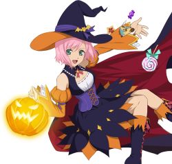 Rule 34 | 00s, 1girl, bare shoulders, candy, cape, detached sleeves, dress, estellise sidos heurassein, food, green eyes, halloween costume, hat, jack-o&#039;-lantern, official alternate costume, open mouth, pink hair, repede (tales), shoes, short hair, solo, tales of (series), tales of vesperia, transparent background, witch hat
