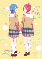 Rule 34 | 2girls, blue eyes, blue hair, blush, brown footwear, brown serafuku, brown shirt, character name, closed mouth, commentary, commentary request, from behind, full body, grey skirt, highres, holding hands, kneehighs, loafers, long hair, long sleeves, looking at another, love live!, love live! superstar!!, multiple girls, pleated skirt, red eyes, red hair, ric (fwpbox), sailor collar, school uniform, serafuku, shirt, shoes, short hair, sidelocks, skirt, smile, socks, standing, wakana shiki, white sailor collar, white socks, yoneme mei, yuri