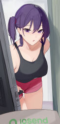 Rule 34 | 1girl, absurdres, bent over, black tank top, breasts, cleavage, doorway, hair between eyes, highres, hololive, hololive english, koupi (ku roiko), ku roiko, large breasts, looking at viewer, one side up, open mouth, opening door, personification, pov doorway, purple eyes, purple hair, red shorts, shorts, solo, takodachi (ninomae ina&#039;nis), tank top, virtual youtuber
