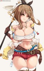 Rule 34 | 1girl, atelier (series), atelier ryza, atelier ryza 1, belt, blue belt, breasts, brown belt, brown gloves, cleavage, commentary, english commentary, flask, gloves, grey background, hair ornament, hairclip, highres, jacket, jewelry, kilalesi, large breasts, leather, leather belt, leather gloves, navel, necklace, patreon logo, patreon username, pouch, red shorts, reisalin stout, round-bottom flask, short shorts, shorts, single glove, sleeveless, sleeveless jacket, star (symbol), star necklace, thick thighs, thigh pouch, thighs, tongue, tongue out, vial, white headwear, yellow jacket