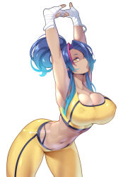 Rule 34 | 1girl, arched back, arms up, bandaged hand, bandages, blue hair, breasts, cammy stretch (meme), cleavage, crop top, dark-skinned female, dark skin, highres, hot vr, large breasts, meme, midriff, multicolored hair, navel, original, pants, pink hair, pixiv username, simple background, skindentation, solo, streaked hair, street fighter, street fighter 6, stretching, tank top, white background, yellow eyes, yellow pants, yellow tank top, zoey (kurozoku)