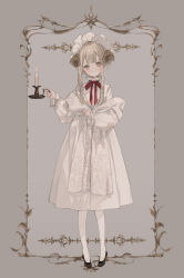 Rule 34 | 1girl, absurdres, black footwear, bonnet, candle, curled horns, dress, expressionless, green eyes, grey hair, highres, holding, holding candle, horns, kyuumura, long sleeves, looking at viewer, neck ribbon, original, red ribbon, ribbon, solo, standing, white dress