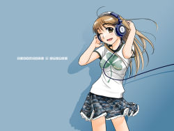 Rule 34 | 1girl, blonde hair, breasts, camouflage, camouflage skirt, clothes writing, clover, hand on own ear, hand on own ear, headphone + musume, headphones, long hair, miniskirt, one eye closed, ootsuka mahiro, open mouth, original, shirt, skirt, smile, solo, t-shirt, wallpaper, wind, wink, yellow eyes