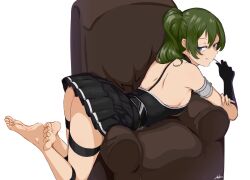 Rule 34 | 1girl, anho, armchair, armlet, ass, backless dress, backless outfit, barefoot, belt, black belt, black choker, black dress, black gloves, breast press, breasts, chair, choker, closed mouth, come hither, commentary request, dress, feet, gloves, green hair, hair between eyes, looking back, lying, medium breasts, on stomach, pleated dress, ponytail, purple eyes, seductive smile, sidelocks, signature, simple background, single glove, smile, soles, solo, sousou no frieren, split mouth, thigh strap, toes, turning head, ubel (sousou no frieren), white background