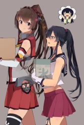 Rule 34 | 10s, agano (kancolle), anchor, asymmetrical legwear, bad id, bad pixiv id, black hair, box, brown hair, cherry blossoms, commentary request, detached sleeves, flower, gloves, grey background, hageshii nakano, hair flower, hair ornament, headgear, holding, holding box, kantai collection, long hair, long sleeves, looking at another, open mouth, ponytail, red eyes, red skirt, school uniform, serafuku, shirt, sidelocks, single thighhigh, skirt, sleeveless, sleeveless shirt, smile, sweatdrop, thighhighs, uneven legwear, white gloves, yahagi (kancolle), yamato (kancolle)