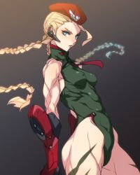 Rule 34 | 1girl, ban! (bansankan), bare shoulders, beret, blonde hair, blue eyes, braid, breasts, cammy white, earpiece, covered erect nipples, hat, highres, leotard, long hair, looking at viewer, muscular, solo, street fighter
