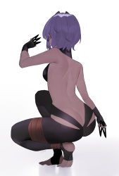 Rule 34 | 1girl, ass, back, back focus, bare back, bebe (bebe pp), breasts, butt crack, dark-skinned female, dark skin, fate/prototype, fate/prototype: fragments of blue and silver, fate (series), from behind, full body, hassan of serenity (fate), highres, holding, holding weapon, kunai, medium breasts, purple hair, short hair, simple background, solo, squatting, weapon, white background