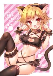Rule 34 | 1girl, :d, alternate costume, animal ears, bell, black bra, black choker, black panties, black thighhighs, black wrist cuffs, blonde hair, blush, border, bow, bowtie, bra, breasts, cat cutout, cat ears, cat lingerie, cat tail, choker, cleavage, cleavage cutout, clothing cutout, commentary request, curvy, fake animal ears, fake tail, fang, feet out of frame, frilled choker, frilled cuffs, frilled straps, frills, hands up, happy, heart, highres, jingle bell, kin-iro loveriche, knees up, kusiromunakata, looking at viewer, medium breasts, medium hair, meme attire, midriff, navel, neck bell, open mouth, panties, parted bangs, paw pose, paw print, pink background, pink bow, pink bowtie, red eyes, simple background, sitting, skindentation, smile, solo, souma ria, stomach, tail, thigh strap, thighhighs, thighs, underwear, white border, wrist cuffs