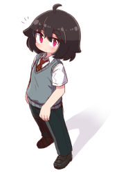 Rule 34 | 1girl, ahoge, black footwear, black hair, blue vest, blush, bob cut, closed mouth, collared shirt, commentary request, full body, green pants, hair between eyes, highres, loafers, looking at viewer, medium hair, mole, mole under eye, naga u, naga u-chan, necktie, original, pants, purple eyes, red eyes, red necktie, school uniform, shirt, shoes, short eyebrows, short sleeves, simple background, pants, slit pupils, solo, standing, thick eyebrows, vest, white background, white shirt