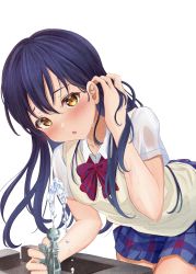 Rule 34 | 1girl, absurdres, adjusting hair, blue hair, blue skirt, blush, bow, bowtie, commentary request, dress shirt, faucet, tucking hair, hand in own hair, highres, leaning forward, long hair, looking at viewer, love live!, love live! school idol project, open mouth, otonokizaka school uniform, plaid, plaid skirt, pleated skirt, red bow, red bowtie, school uniform, shirt, short sleeves, simple background, skirt, solo, sonoda umi, standing, summer uniform, sweater vest, swept bangs, white background, white shirt, yellow eyes