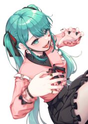 Rule 34 | 1girl, absurdres, bandaid, blurry, blurry foreground, depth of field, ear piercing, ha dan, hair ornament, hatsune miku, highres, jewelry, jirai kei, long hair, long sleeves, looking at viewer, mask, mouth mask, open mouth, piercing, ribbon, shirt, smile, solo, tongue, tongue out, twintails, vampire (vocaloid), vocaloid