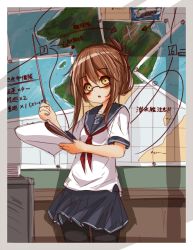 Rule 34 | 10s, 1girl, bespectacled, black pantyhose, blush, brown eyes, brown hair, commentary request, folded ponytail, glasses, ikameshi (ika meshi), inazuma (kancolle), kantai collection, looking at viewer, map, pantyhose, revision, school uniform, serafuku, short hair, sketch, skirt, solo, standing