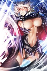 Rule 34 | 1girl, artoria pendragon (fate), artoria pendragon (lancer alter) (fate), black bodysuit, blonde hair, bodysuit, braid, breasts, cape, center opening, dark rhongomyniad, fate/grand order, fate (series), french braid, hair between eyes, highres, horns, lance, large breasts, long hair, looking at viewer, navel, oyu udon, polearm, revealing clothes, ribbed bodysuit, sidelocks, solo, thighs, underboob, weapon, yellow eyes