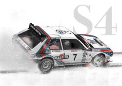 Rule 34 | 1boy, car, commentary, driving, english commentary, helmet, highres, lancia delta s4, martini (brand), motor vehicle, race vehicle, racecar, rally car, real life, sei illustrations, sergio cresto, snow, solo, spoiler (automobile), vehicle focus, vehicle name, world rally championship