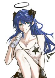 Rule 34 | 1girl, aqua eyes, arknights, bare legs, bare shoulders, blue hair, bottle, breasts, cleavage, commentary request, halo, hand up, highres, holding, holding bottle, horns, knee up, large breasts, long hair, looking at viewer, mostima (arknights), official alternate costume, simple background, smile, solo, star (symbol), star print, tank top, upper body, water bottle, white background, white tank top, xiangchidianfenchangnie