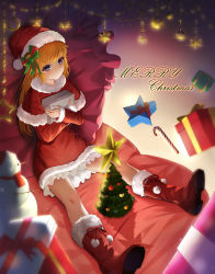 Rule 34 | 1girl, absurdres, blanket, blonde hair, blue eyes, boots, candy, candy cane, capelet, christmas, christmas ornaments, christmas tree, closed mouth, commentary, cursive, dress, english commentary, food, frilled dress, frills, fur-trimmed capelet, fur trim, gift, haires, hat, highres, holding, holding gift, long hair, long sleeves, looking at viewer, merry christmas, original, pillow, red capelet, red dress, red footwear, santa boots, santa costume, santa dress, santa hat, short dress, sitting, smile, snowman, solo, star ornament