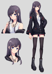 Rule 34 | 1girl, absurdres, ahoge, bare shoulders, black footwear, black hair, black hoodie, black jacket, black thighhighs, blue eyes, blush, boots, breasts, closed mouth, collarbone, cross-laced footwear, full-length zipper, full body, grey background, hair ornament, hand on own hip, high heel boots, high heels, highres, hood, hood down, hoodie, hoodier, jacket, jewelry, lace-up boots, long hair, long hoodie, long sleeves, looking at viewer, multiple views, necklace, off shoulder, original, partially unzipped, shirt, sidelocks, simple background, sleeveless, sleeveless shirt, small breasts, smile, standing, tank top, thighhighs, white shirt, zettai ryouiki, zipper, zipper pull tab