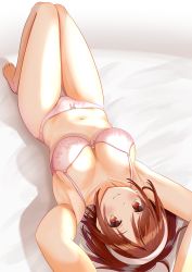 Rule 34 | 1girl, absurdres, arms up, bed, bed sheet, bow, bow panties, bra, breasts, brown eyes, brown hair, closed mouth, collarbone, crotch, highres, kantai collection, legs together, looking at viewer, lying, medium breasts, natori (kancolle), navel, on back, panties, pink bra, pink panties, sidelocks, smile, underwear, zuki